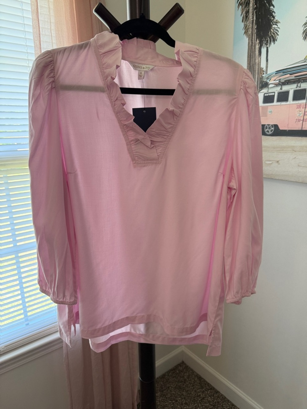 Crown & Ivy Pink Ruffle V-Neck Blouse